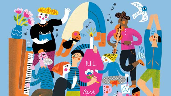 Eine farbenfrohe, skurrile Illustration verschiedener Menschen, die zusammen Musik machen, lesen, sich dehnen und entspannen, umgeben von Instrumenten, Blumen und Musiknoten, vor einem blauen Hintergrund.